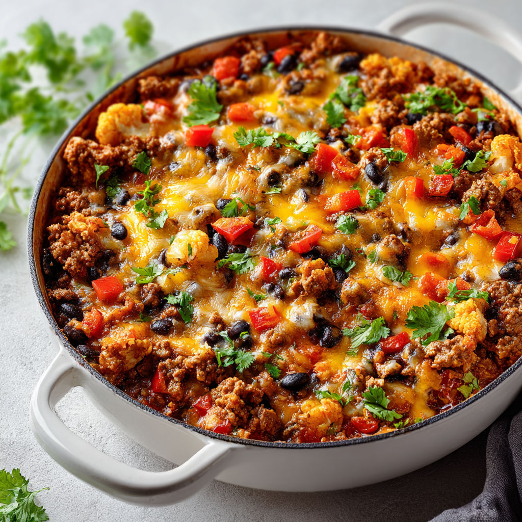 Poêlée de porc gratinée aux haricots noirs et cheddar.