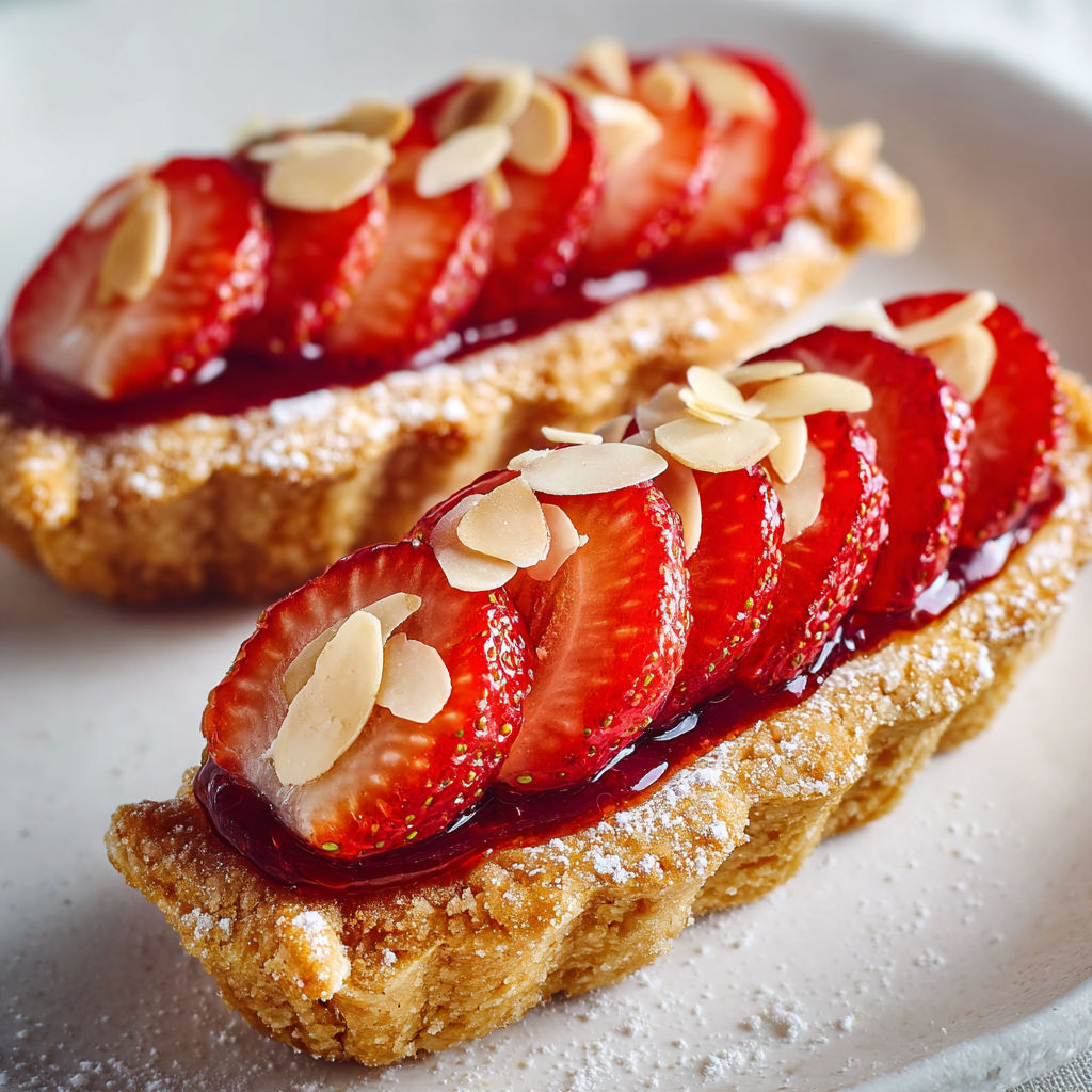 Barquettes croustillantes aux fraises fraîches et coulis de fruits rouges.