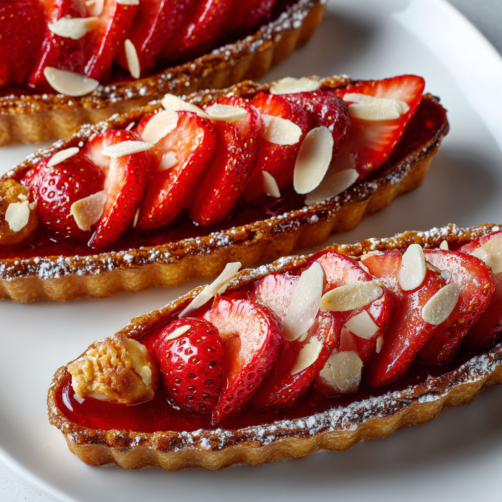 Dessert croustillant aux fraises et amandes, barquettes maison fondantes.