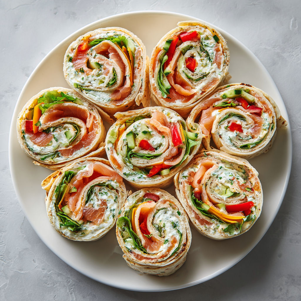 Wraps apéritifs au saumon fumé et fromage frais aux herbes, roulés façon buffet.