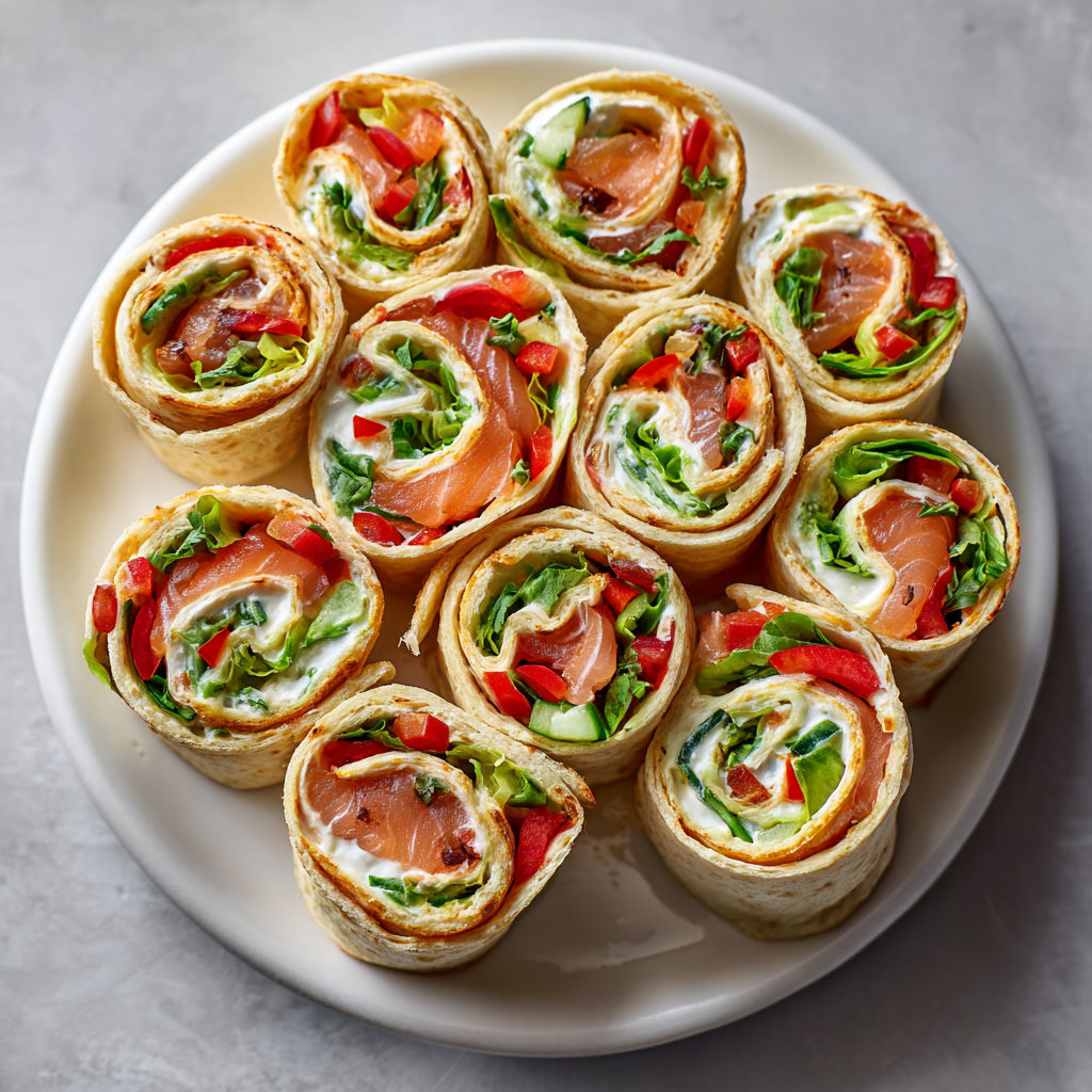 Roulés de tortillas au saumon fumé, concombre et fromage crémeux.