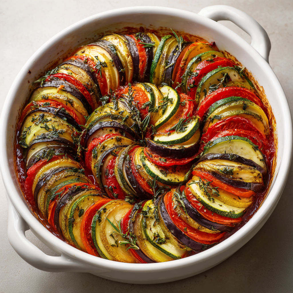 Tian de légumes provençal aux courgettes, aubergines et tomates confites.