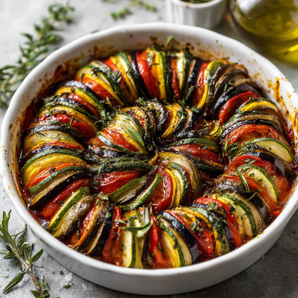 Gratin provençal coloré de légumes d’été, style tian traditionnel au four.