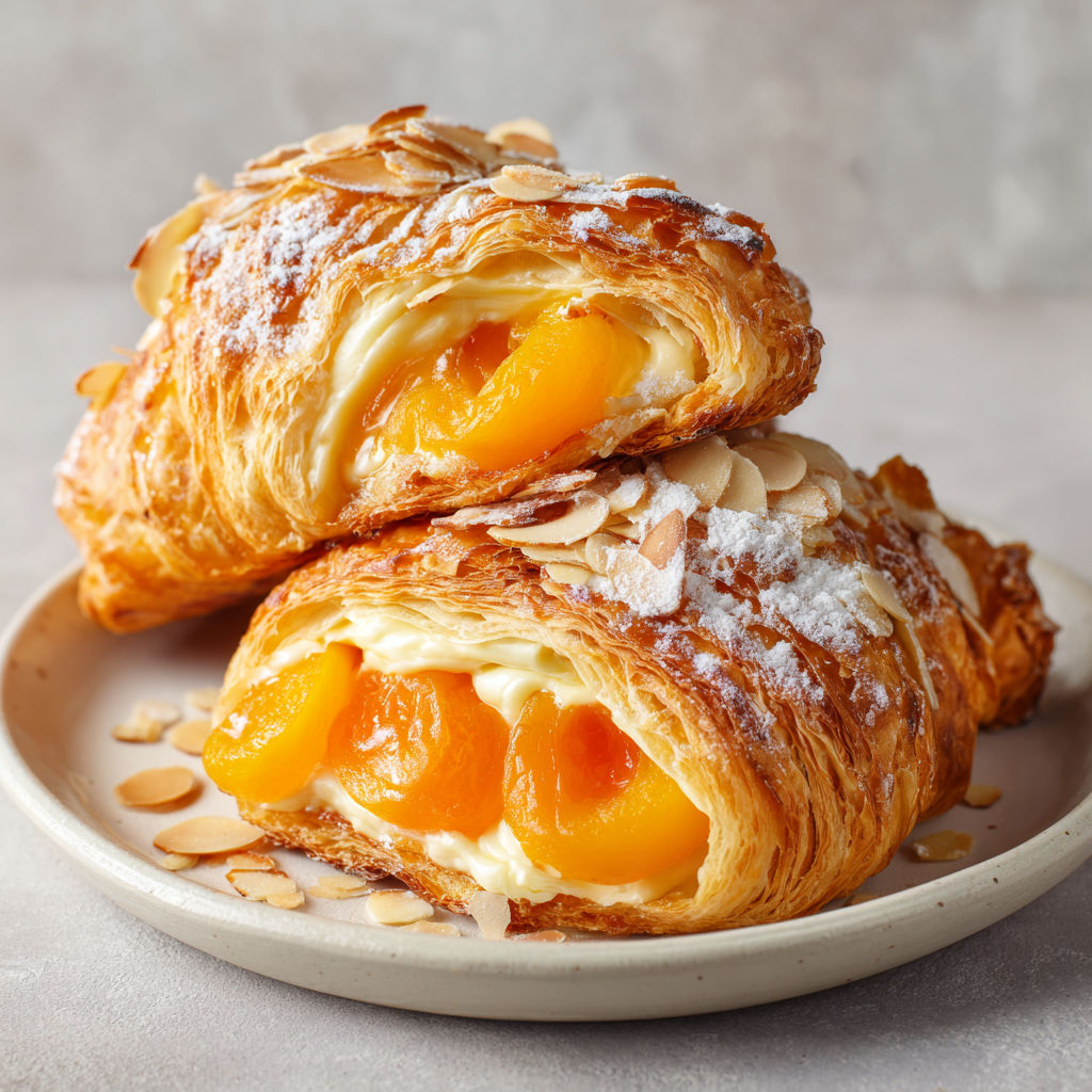 Croissants Feuilletés à la Crème Pâtissière et Abricots, délicieux et sucrés, présentés sur un plateau.