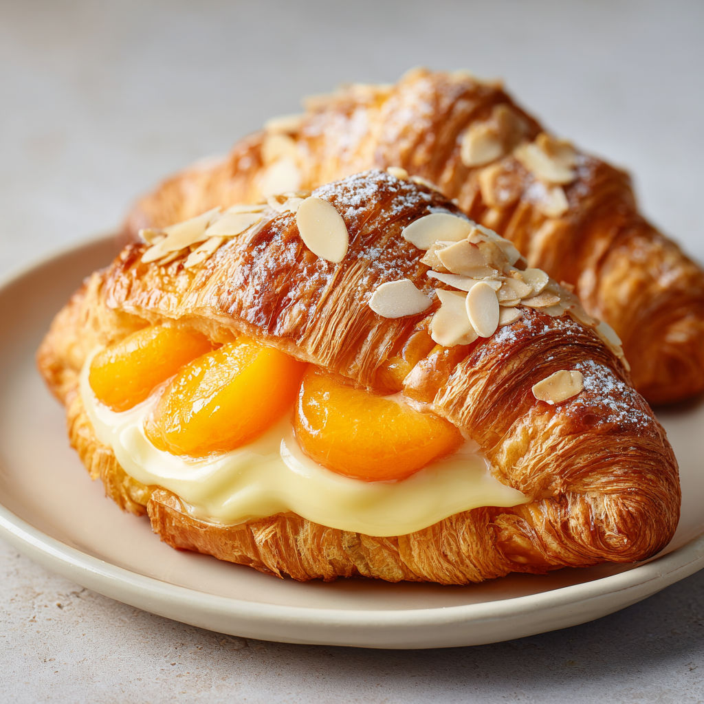 Croissants dorés à la crème pâtissière et abricots caramélisés.