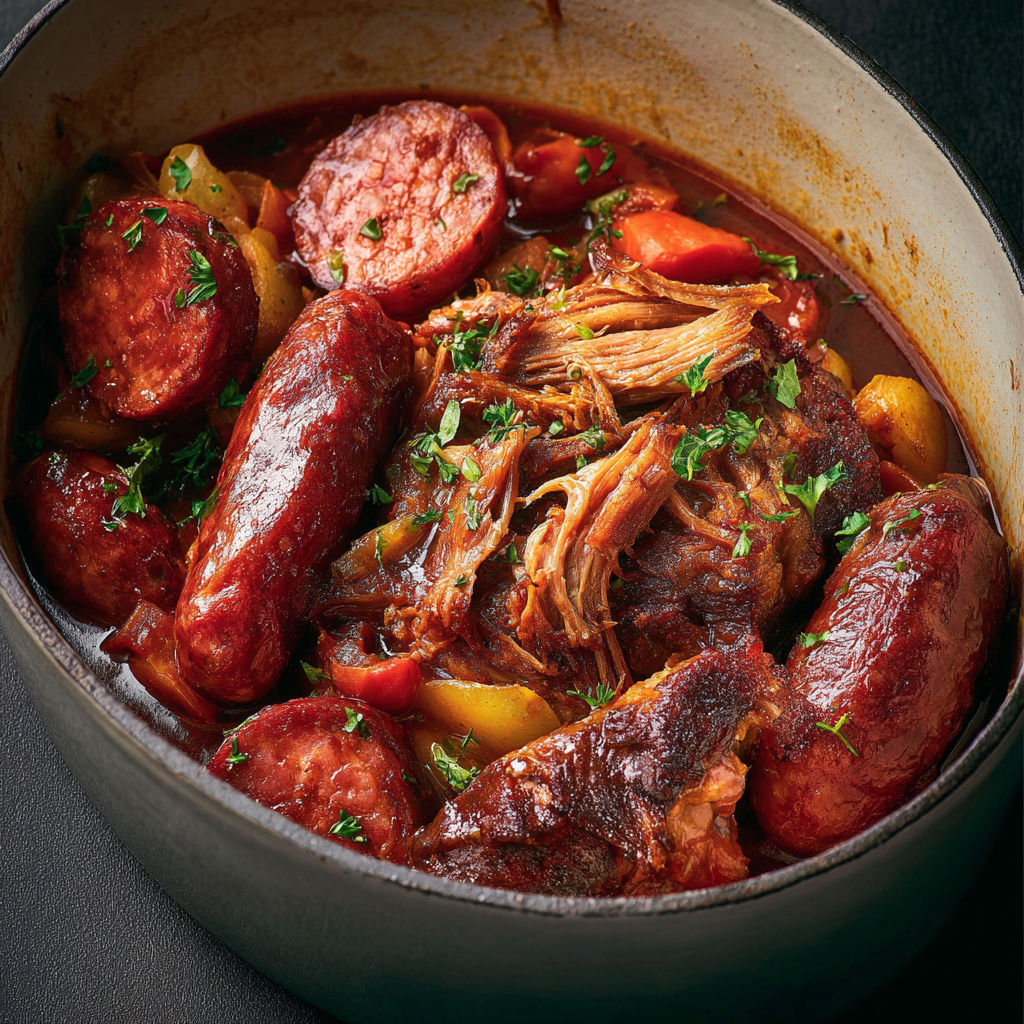 Une cocotte d'échine de porc aux saucisses est servie dans un bol.