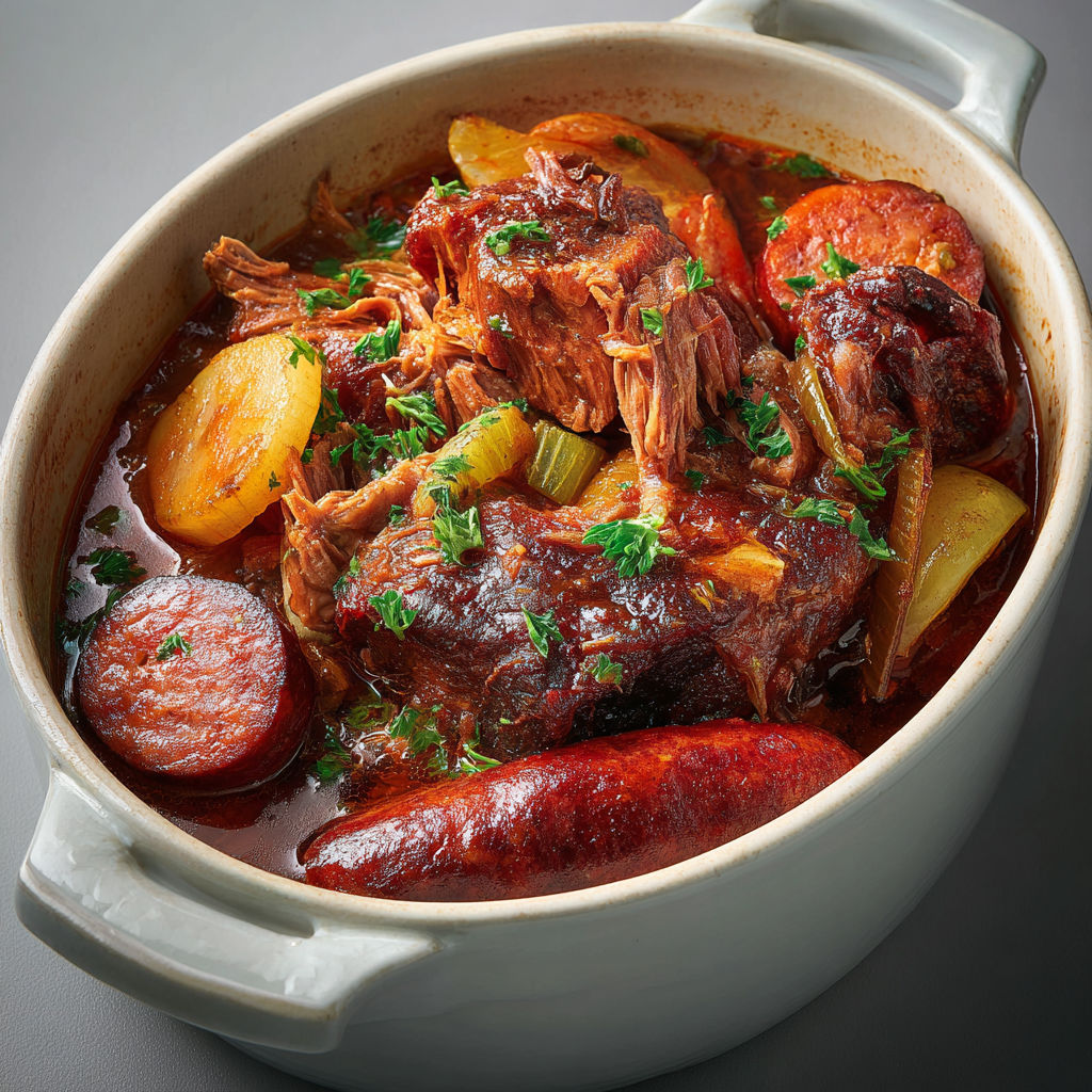 Cocotte de porc mijoté aux saucisses et vin rouge façon bistrot rustique.