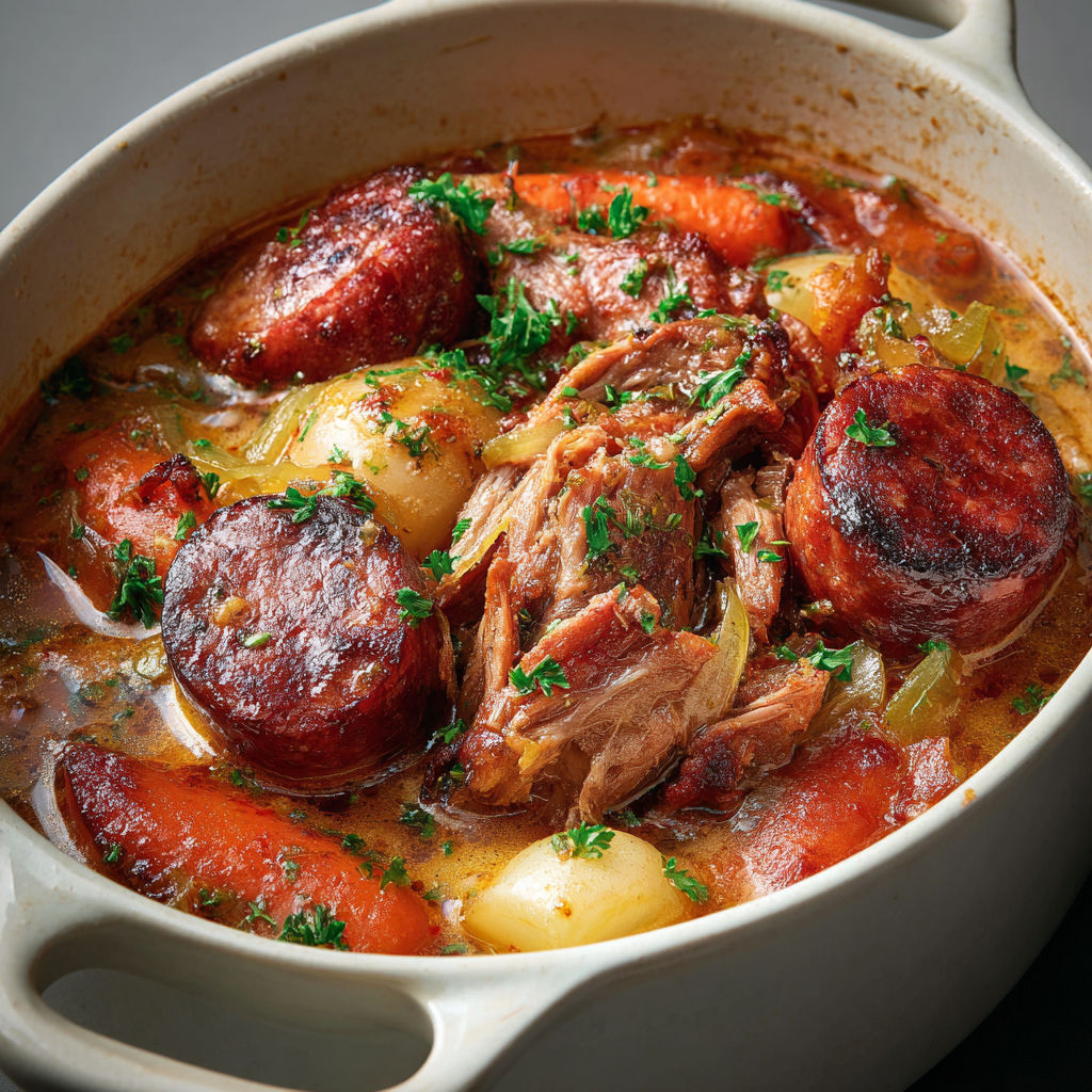 Échine de porc fondante aux saucisses fumées et légumes en cocotte généreuse.