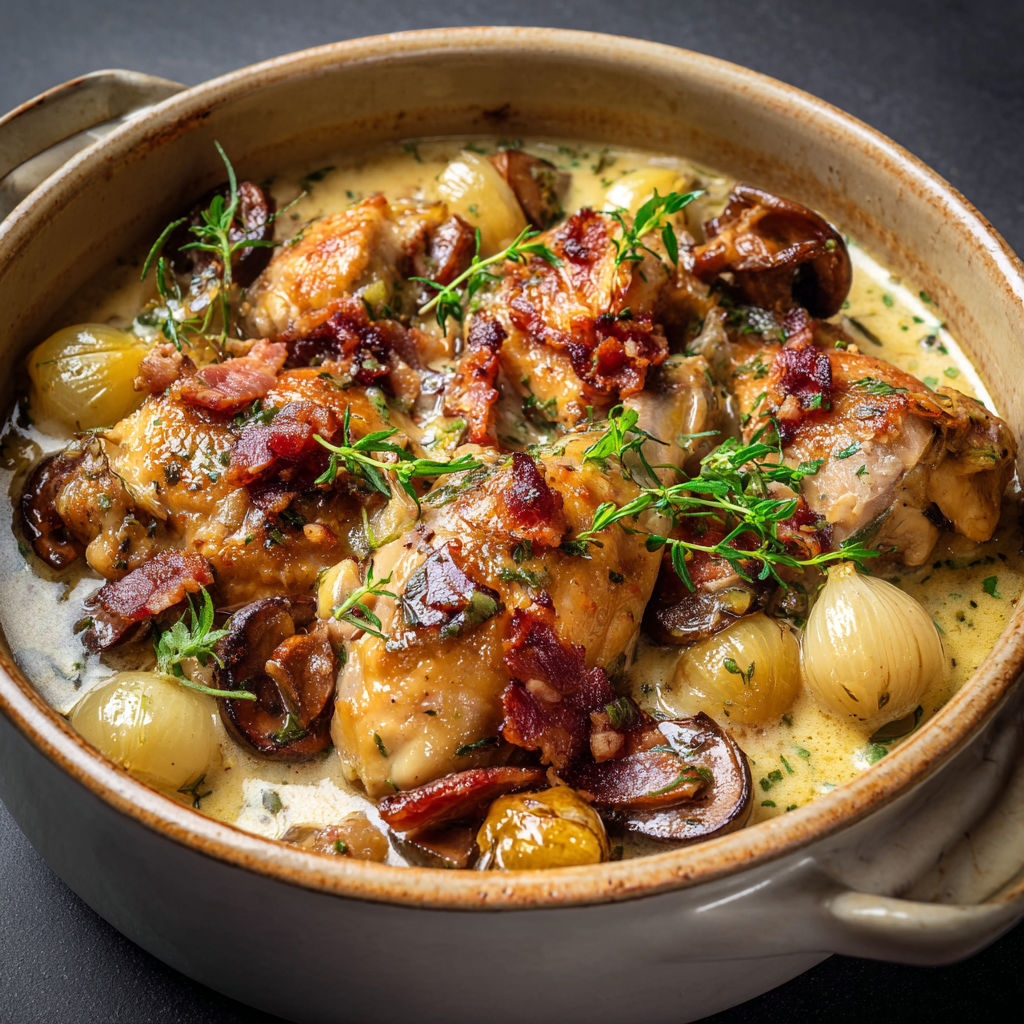Lapin fondant aux oignons grelots et estragon en cocotte au vin blanc.