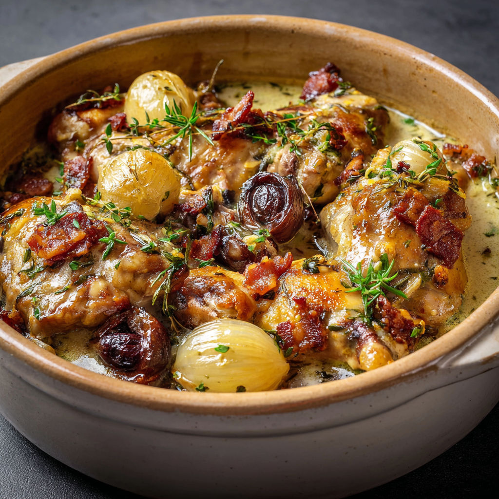 Ragoût de lapin aux champignons, lardons et sauce au vin blanc parfumée.
