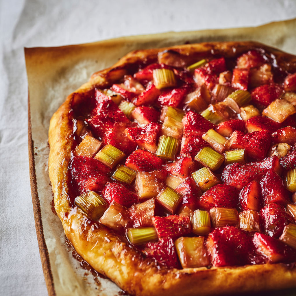 Tarte rustique aux fraises et rhubarbe caramélisée sur pâte sablée.