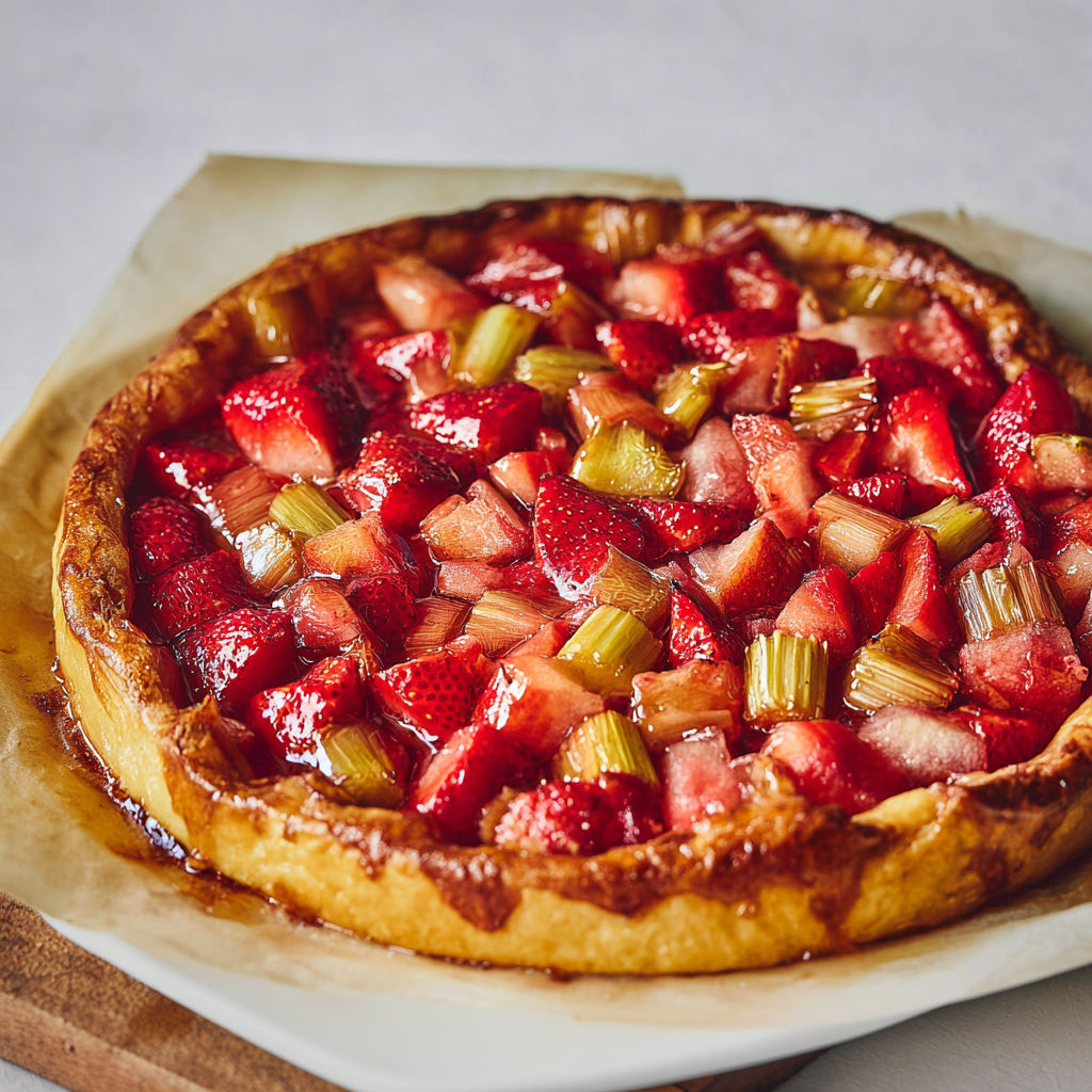 Tarte fruitée fraises et rhubarbe façon boulangerie, croustillante et dorée.