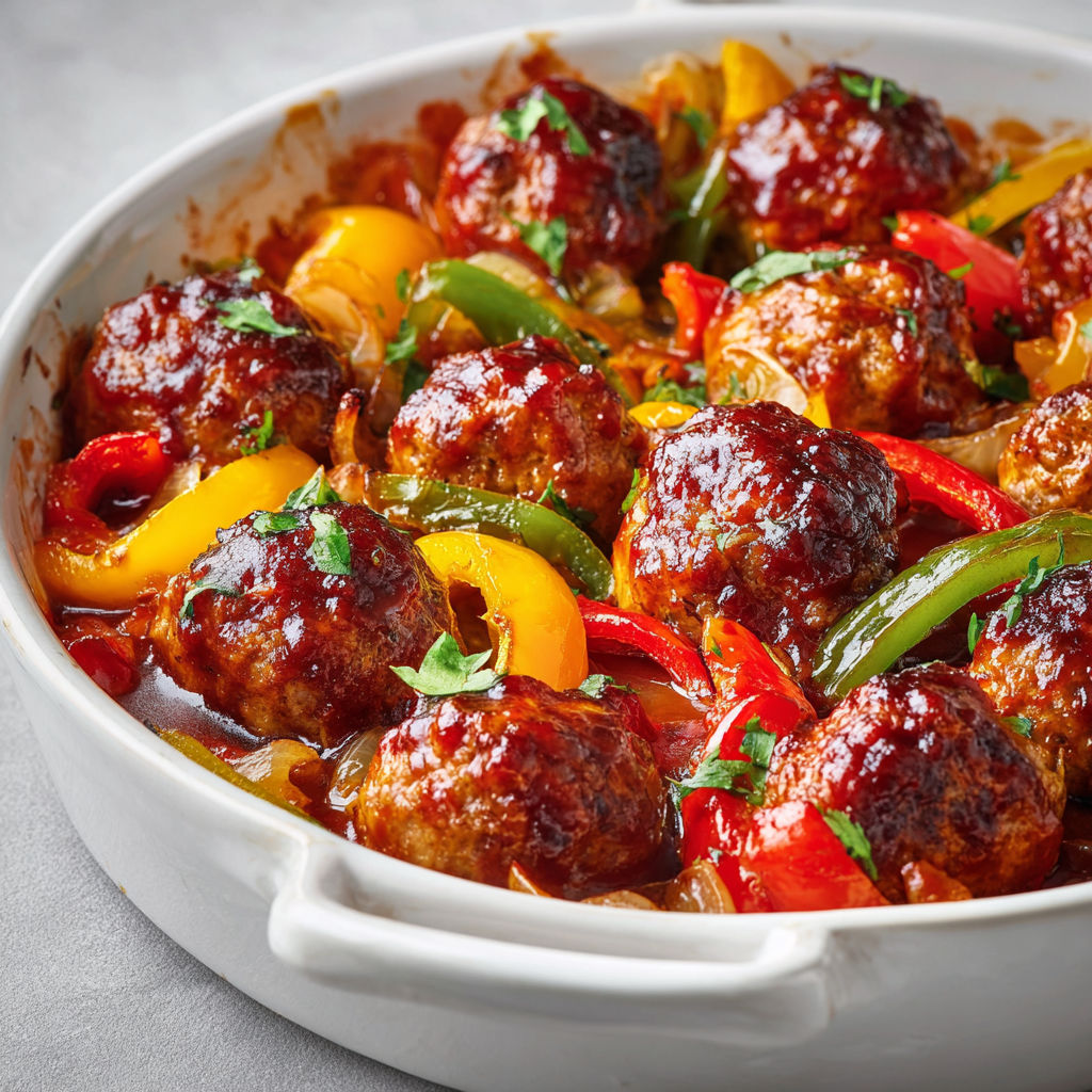 Boulettes savoureuses au porc et poivrons caramélisés au sirop d’érable.