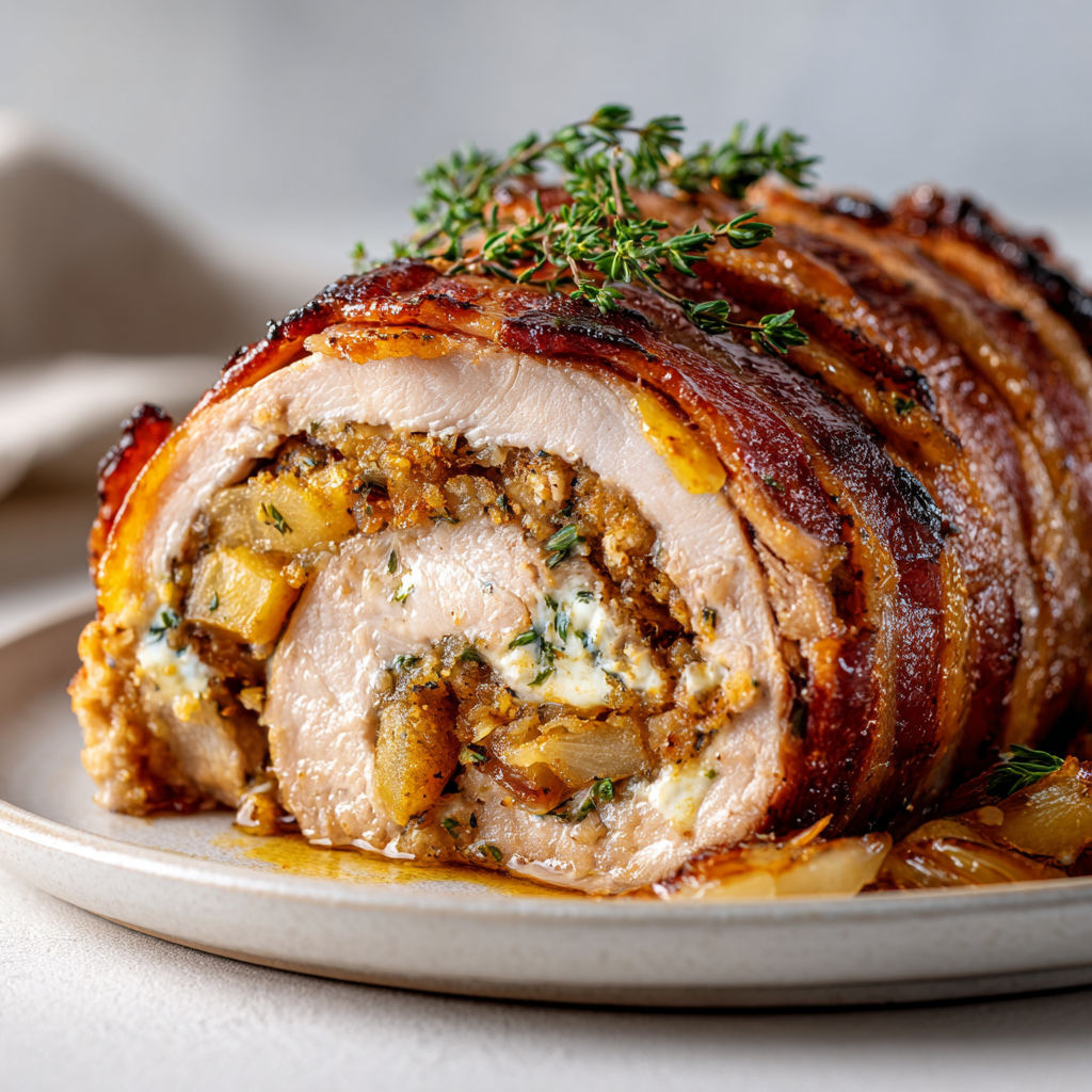 Un délicieux Longe de porc à l'érable farcie pomme-cheddar .