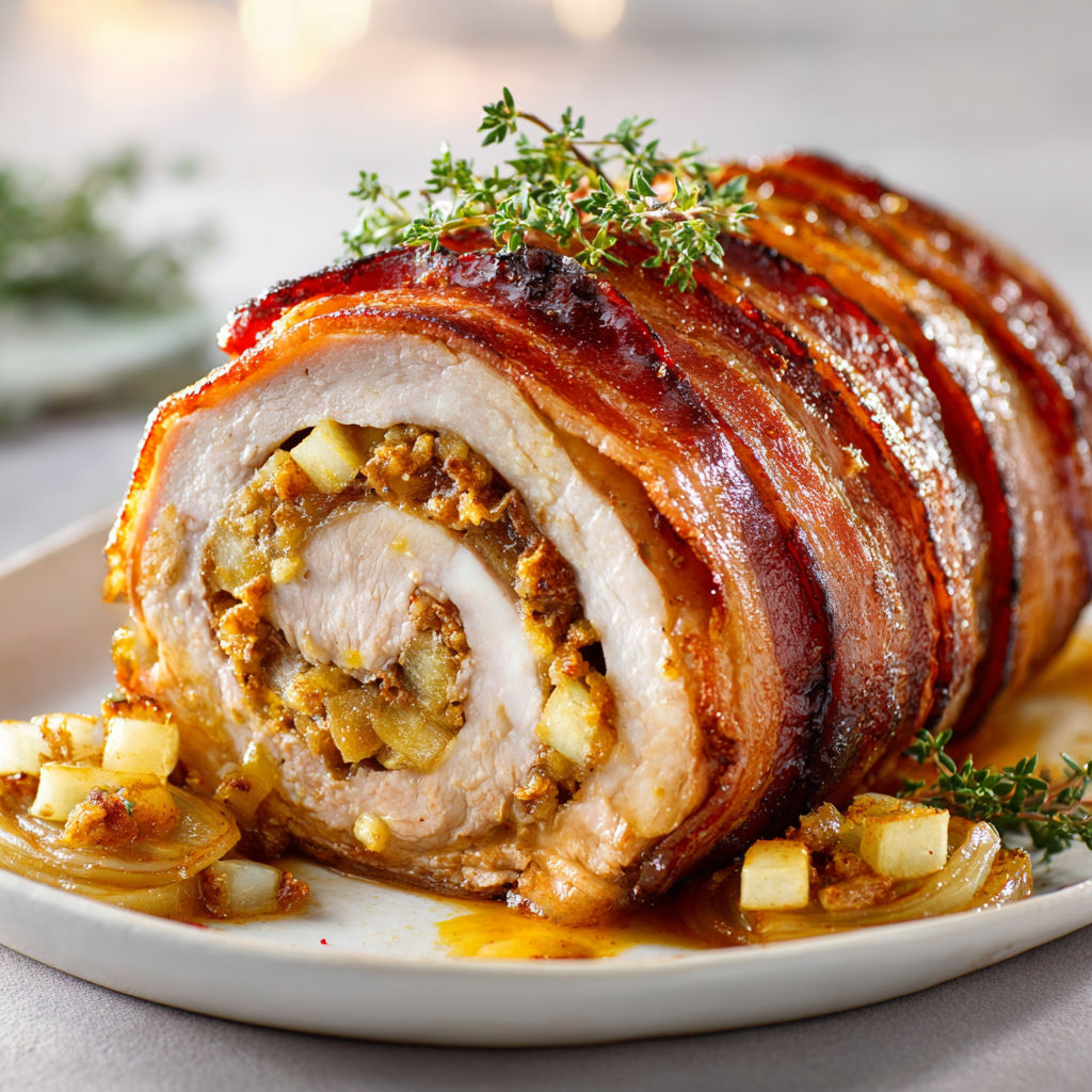 Rôti de porc farci aux pommes caramélisées, cheddar affiné et glaçage érable.