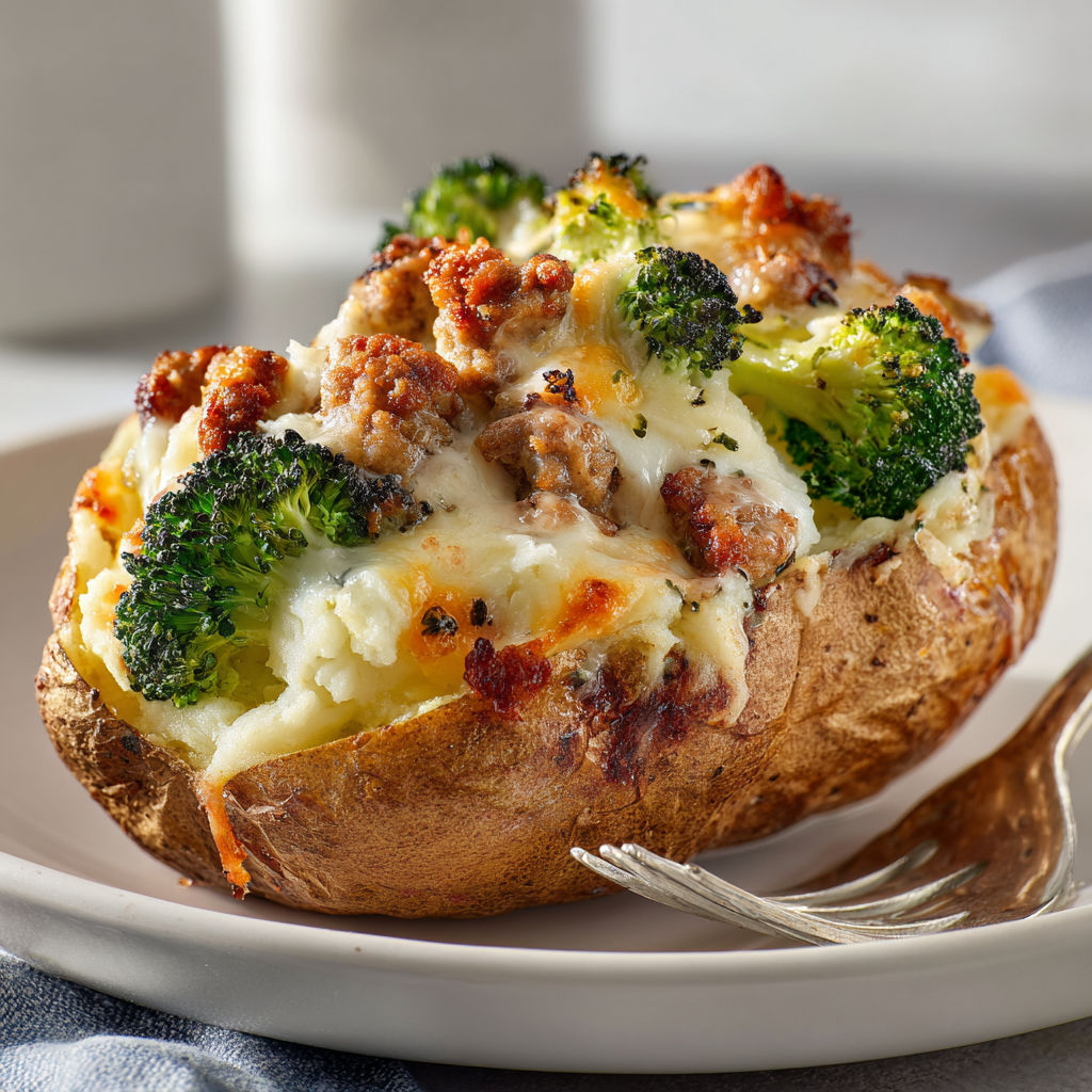 Pommes de terre farcie de brocoli et de saucisse.