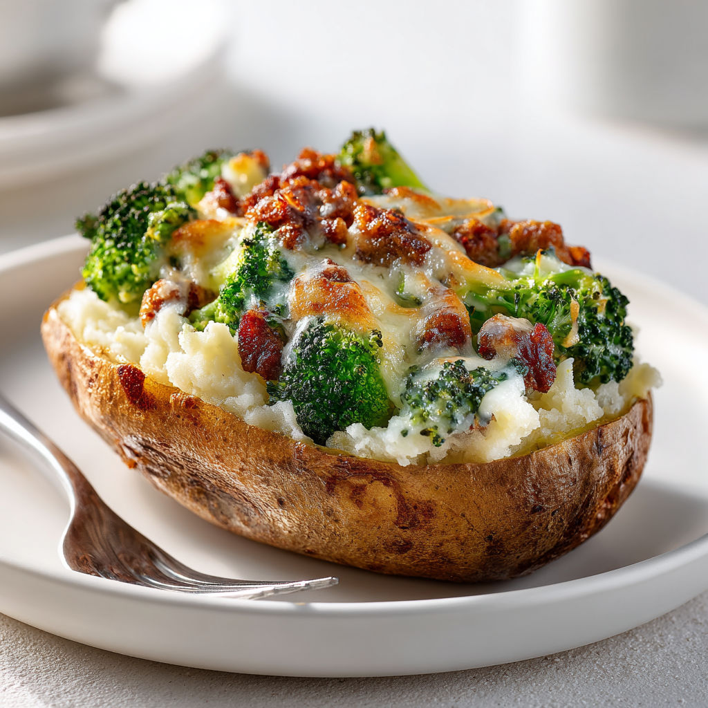 Pommes de terre farcies au fromage en grains, brocoli et saucisse rustique.
