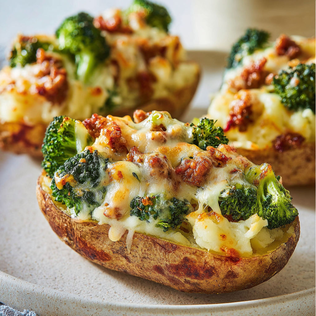 Pommes de terre farcies façon gratin au brocoli et saucisse.