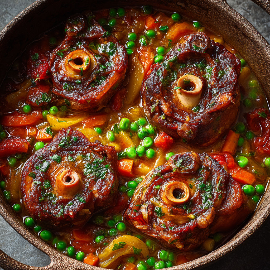 Un plat de osso buco de porc aux petits pois et gremolata au fenouil.
