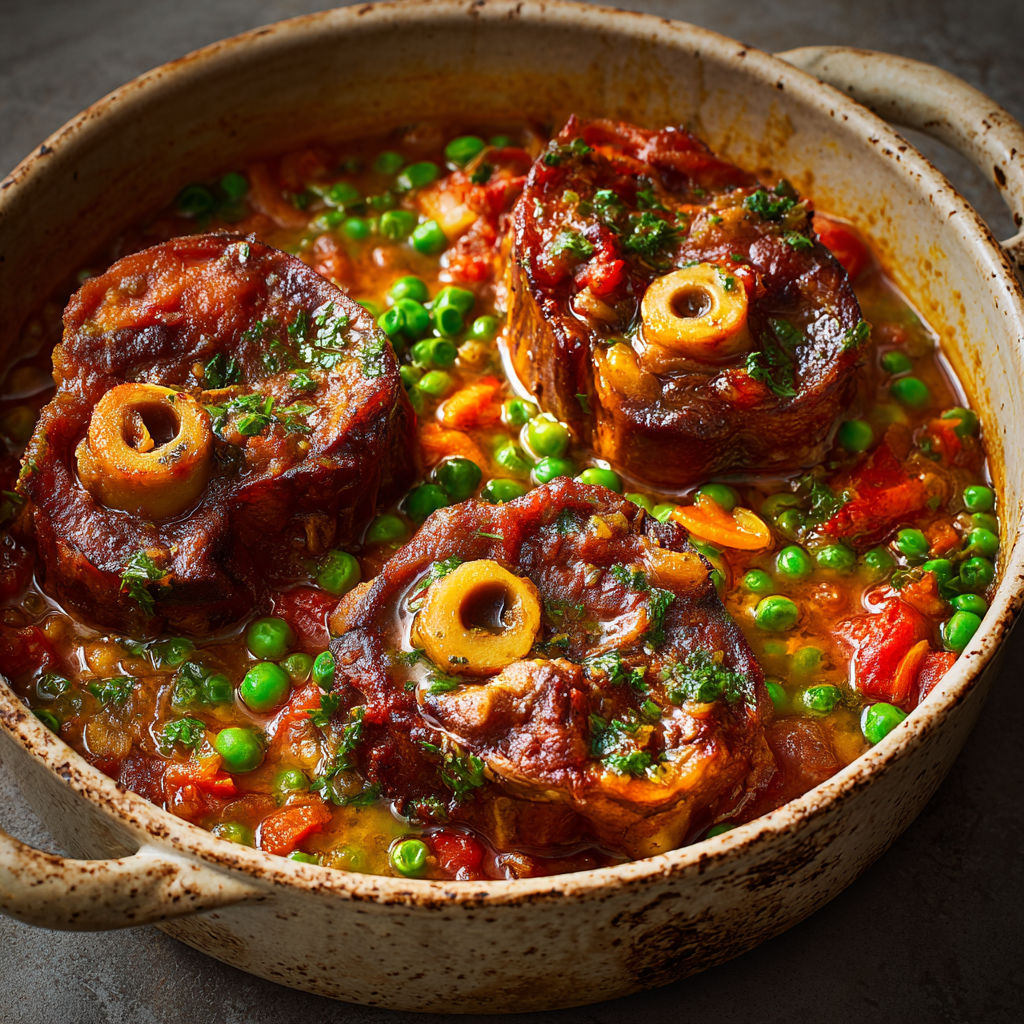 Osso buco de porc aux petits pois et fenouil, gremolata citron-parmesan.