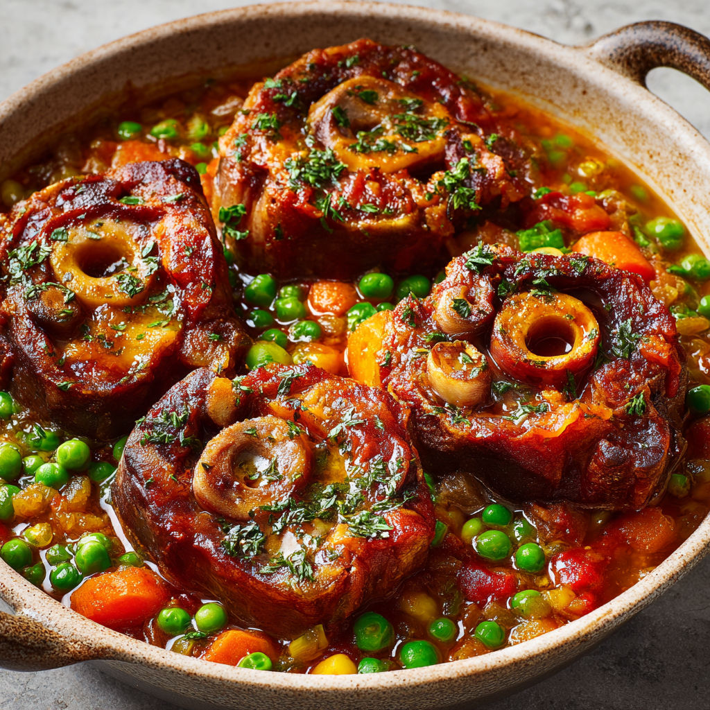Jarrets de porc mijotés aux légumes verts et sauce vin blanc façon italienne.