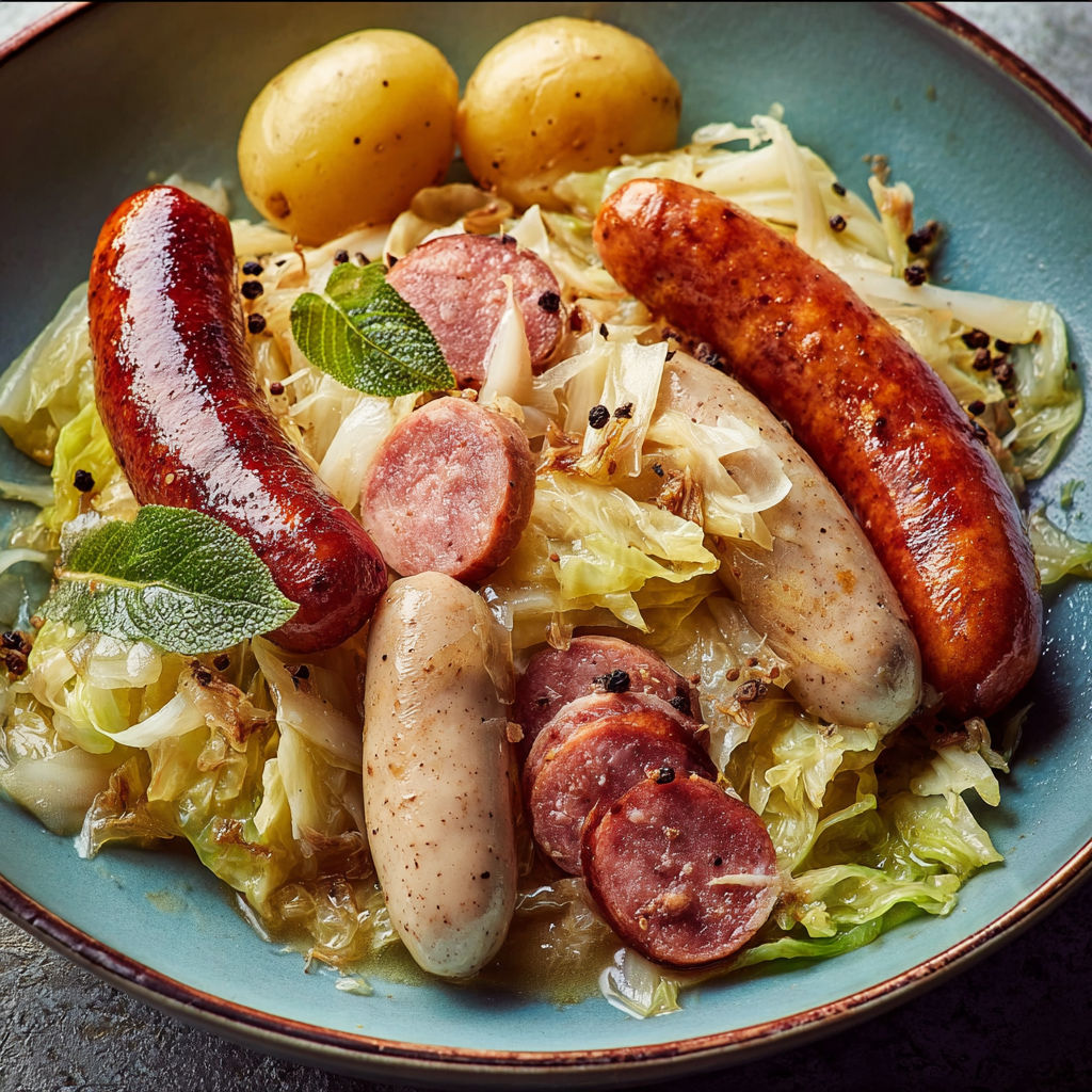 Une assiette de chou vert et de saucisses, accompagnée d'un citron, est servie sur une table.
