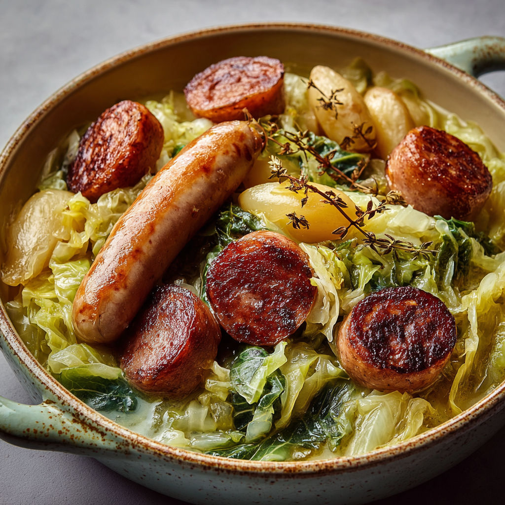 Embeurrée de chou vert citronné aux saucisses rustiques façon grand-mère.