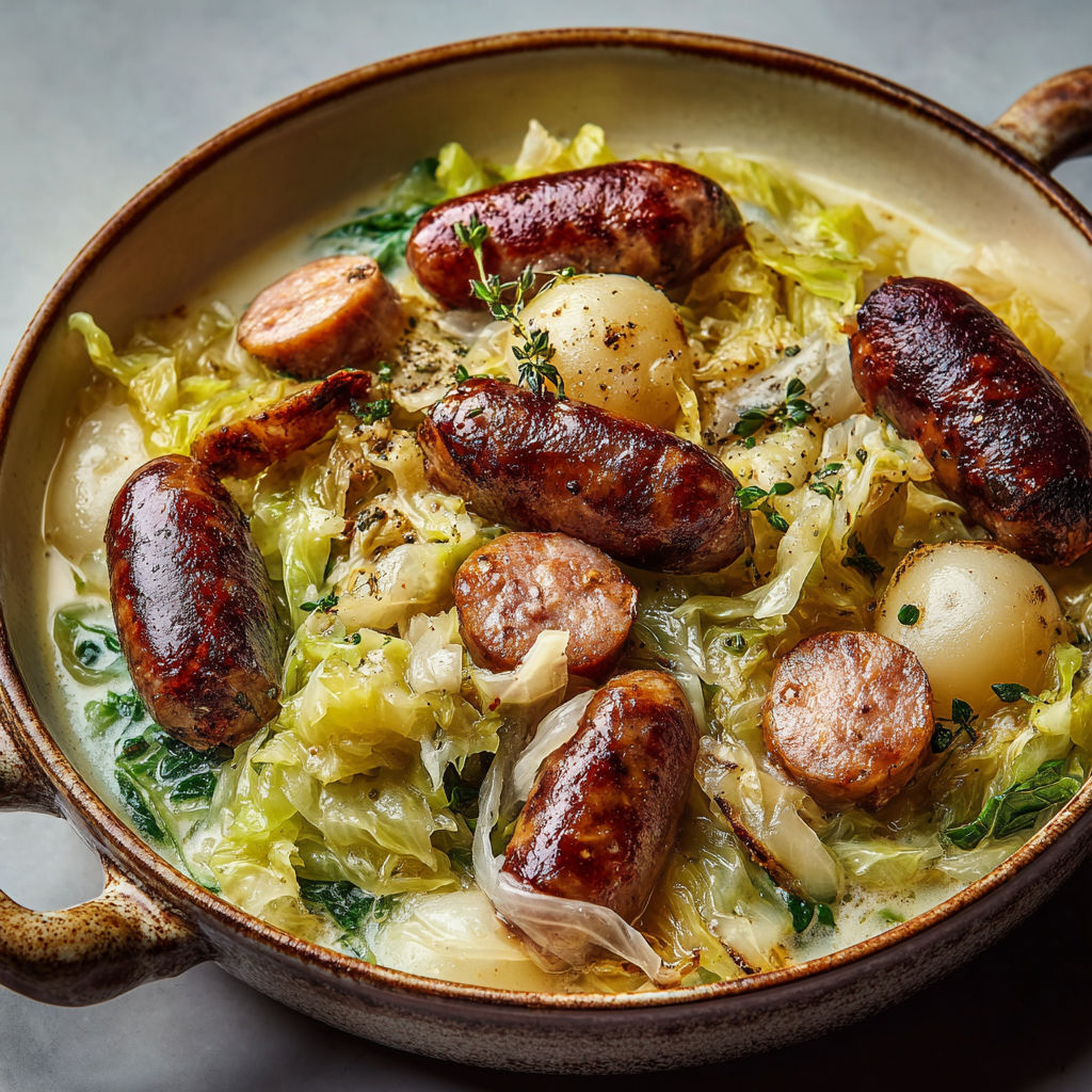 Chou vert mijoté au citron, pommes et saucisses fumées en cocotte fondante.