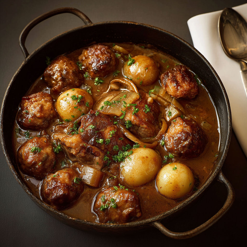 Une casserole de boulettes et de pattes de cochon est servie sur une table.