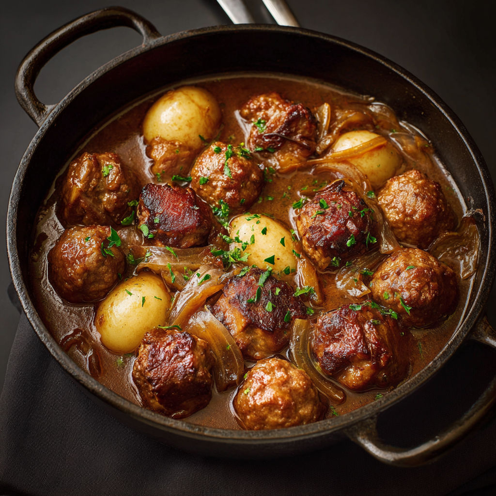 Ragoût traditionnel de boulettes et jarrets de porc longuement mijotés aux épices.