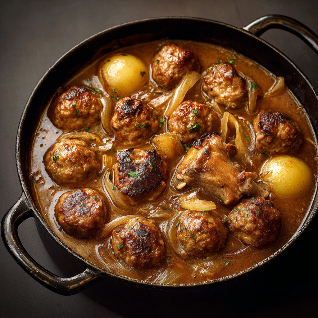Une casserole Boulettes de porc et pattes de cochon braisées en sauce riche aux aromates classiques.