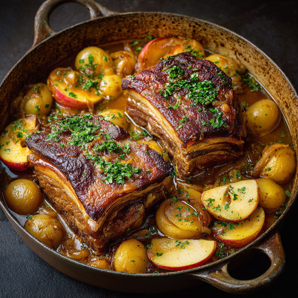 Rôti de porc braisé aux pommes et compote fondante, cuisson lente aux herbes fraîches.