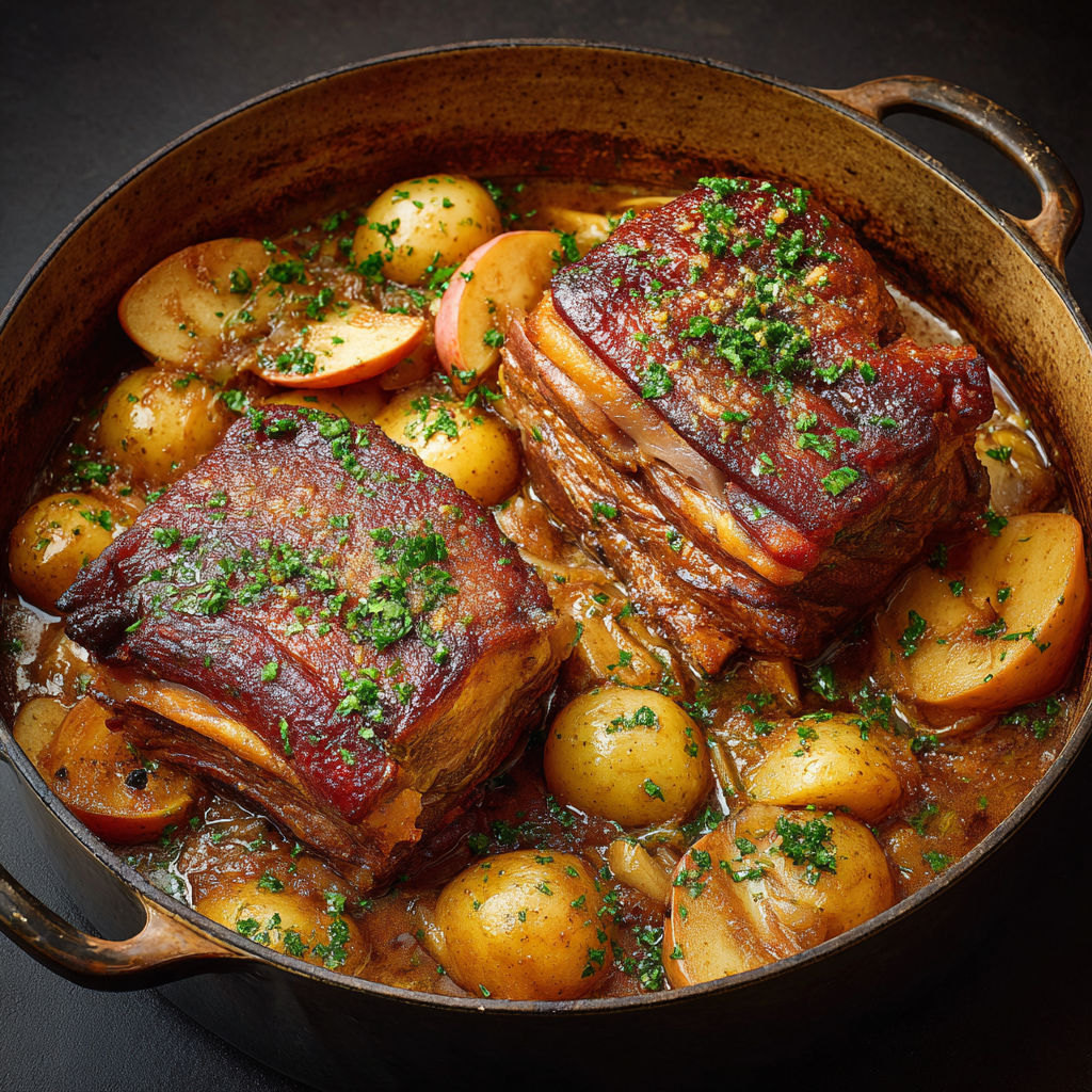 Porc mijoté aux pommes caramélisées et pommes de terre fondantes en cocotte rustique.