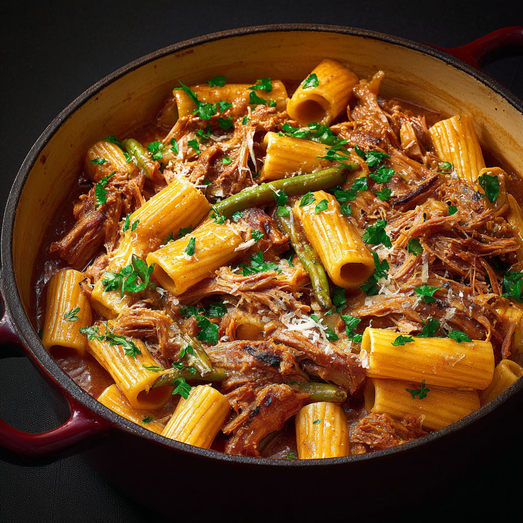 Un plat de porc braisé et rigatonis à l'oignon dans un bol rouge.