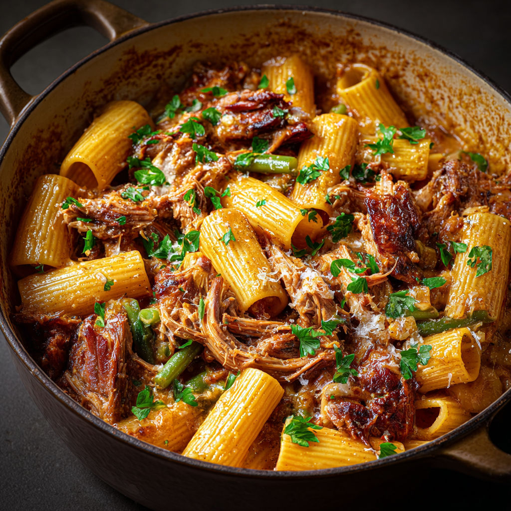 Porc braisé à la bière et rigatonis fondants aux oignons caramélisés.