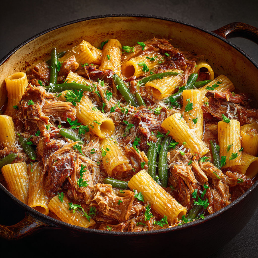 Rigatonis au porc effiloché, sauce aux oignons confits et parmesan.