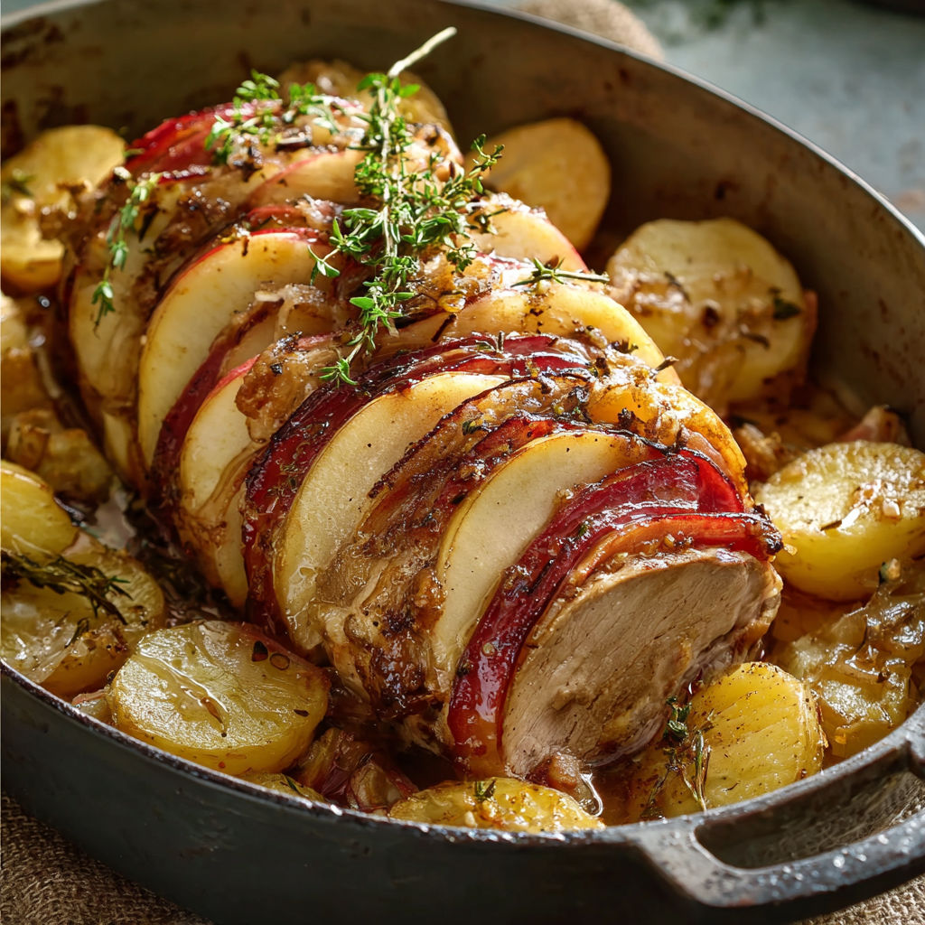 Un rôti de veau Orloff avec des pommes et des oignons, accompagné de légumes et de lard fumé.