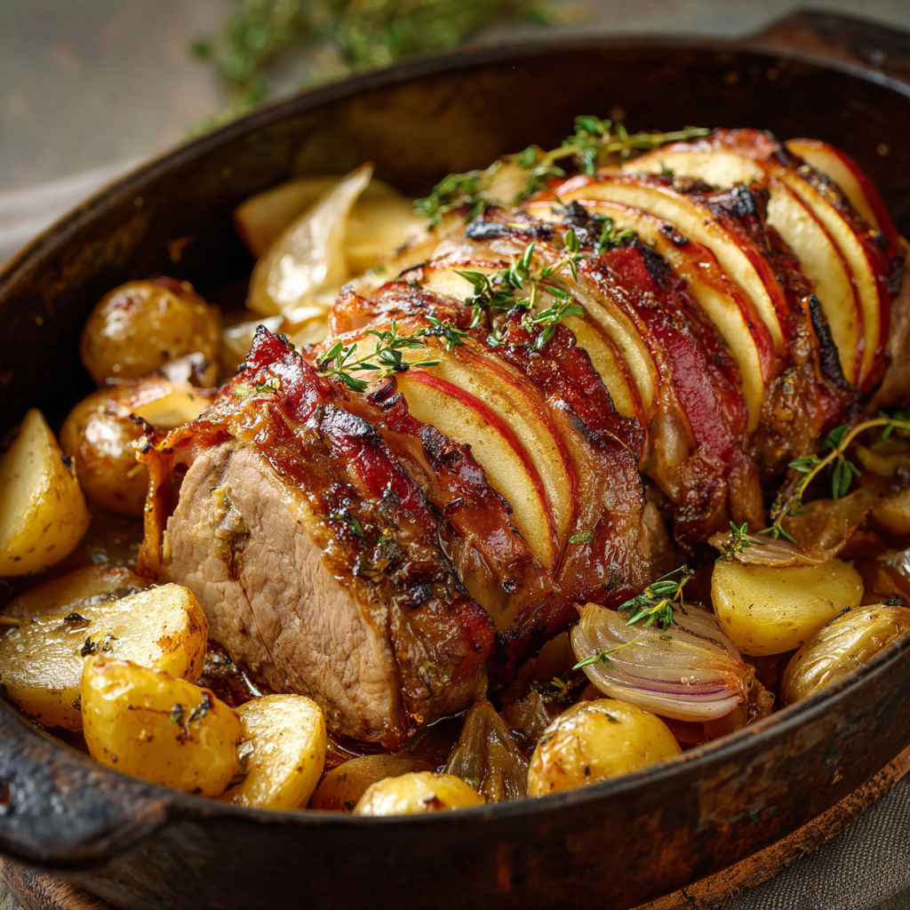 Rôti de veau Orloff aux pommes fondantes, oignons confits et lard fumé.