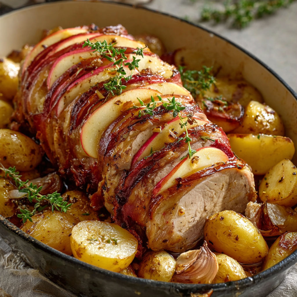 Veau Orloff gourmand au bacon fumé et pommes caramélisées, pommes grenailles dorées.
