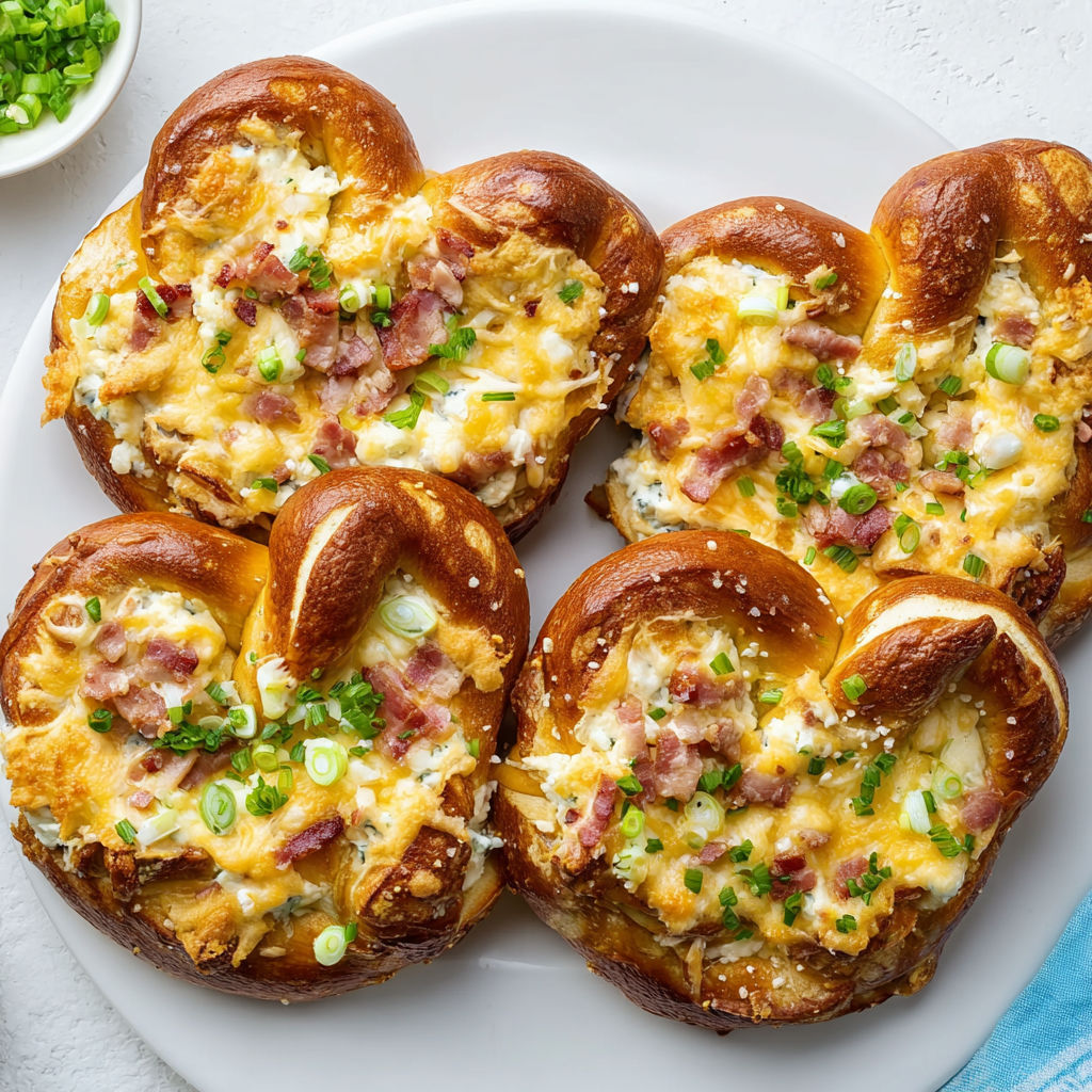 Bretzels au four ultra fondants aux lardons, emmental gratiné et herbes fraîches.