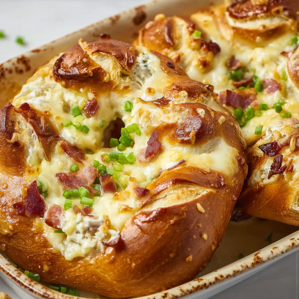 Bretzels gratinés au fromage frais, lardons croustillants et oignons nouveaux.