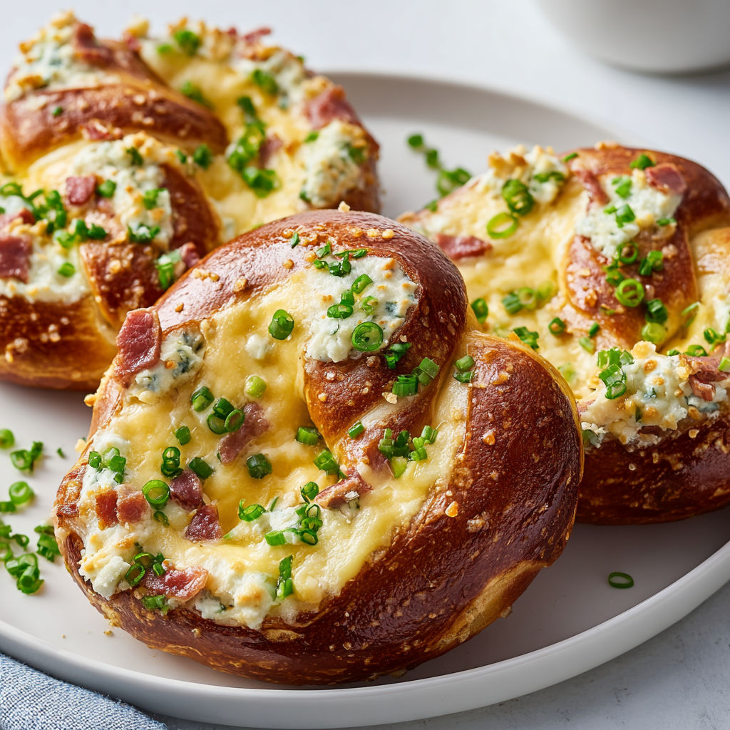 Bretzels gourmands façon flammekueche au fromage fondant et lard fumé.