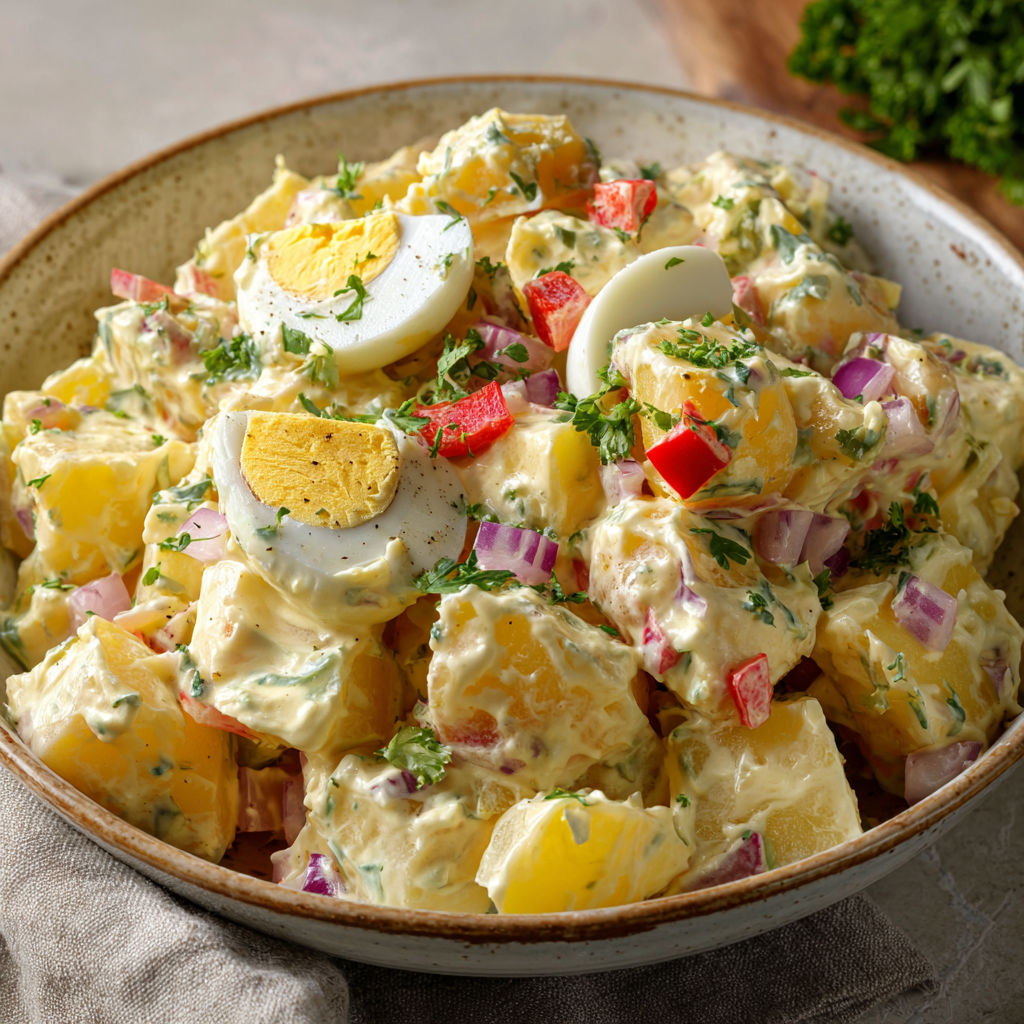 Salade de pommes de terre crémeuse aux œufs et sauce moutardée maison.