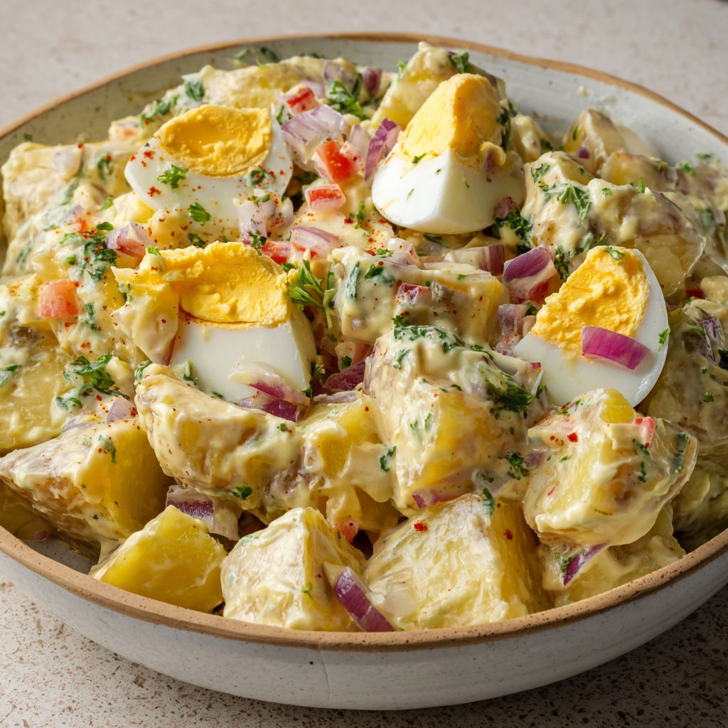 Salade piémontaise aux œufs, pommes de terre fondantes et cornichons croquants.