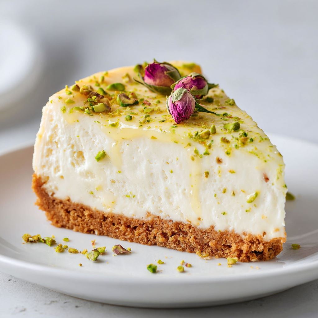 Cheesecake au citron vert et cottage cheese, pistaches croquantes et pétales de rose.