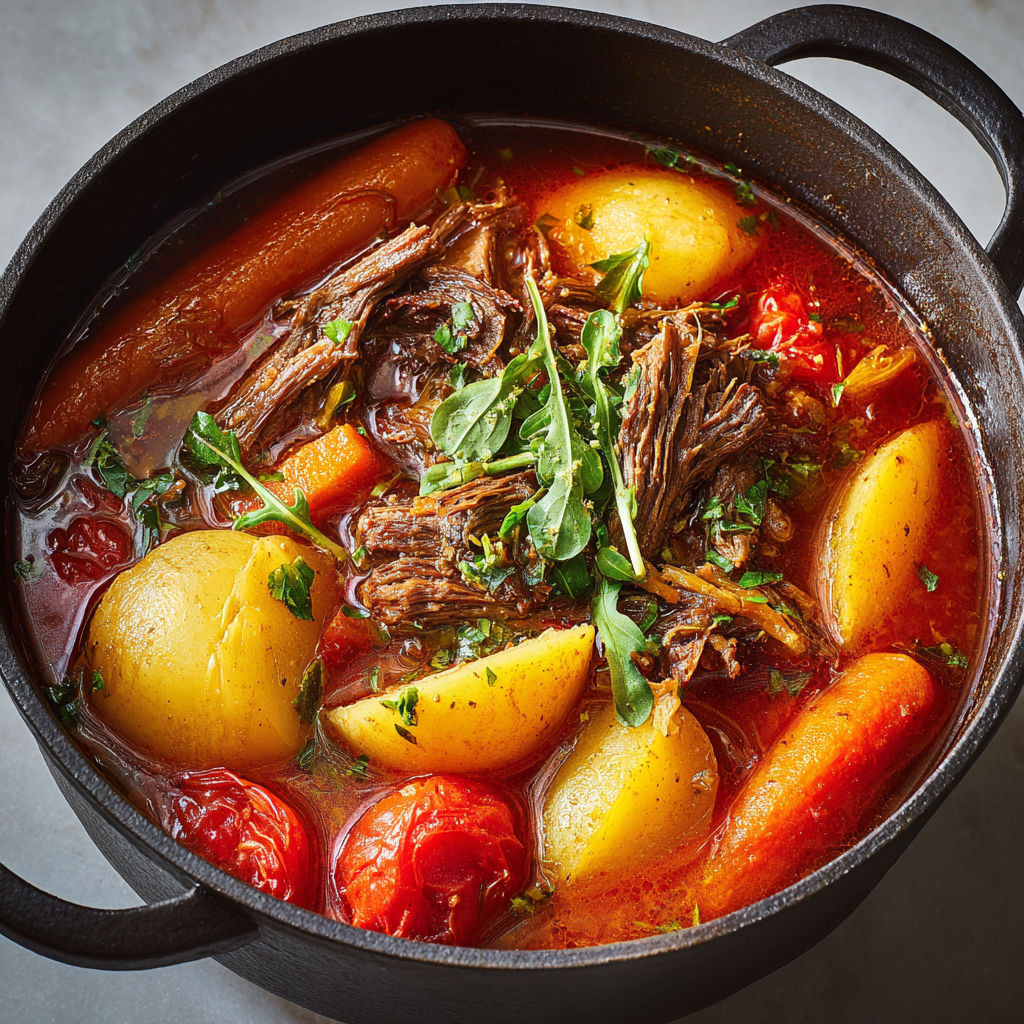 Un pot-au-feu de boeuf à la tomate est rempli de viande, de légumes et de carottes.