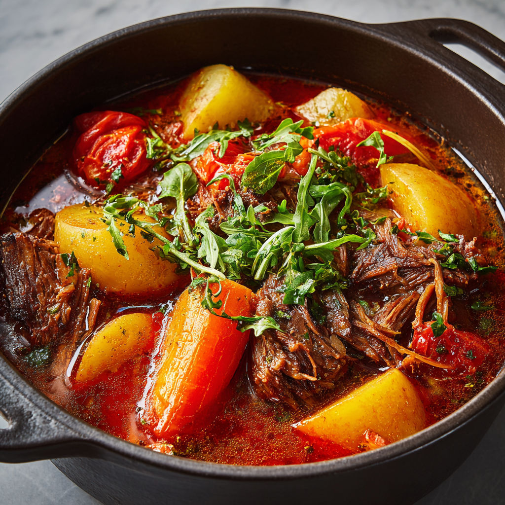 Pot-au-feu Rustique de Bœuf Mijoté aux Tomates et Lard Salé.