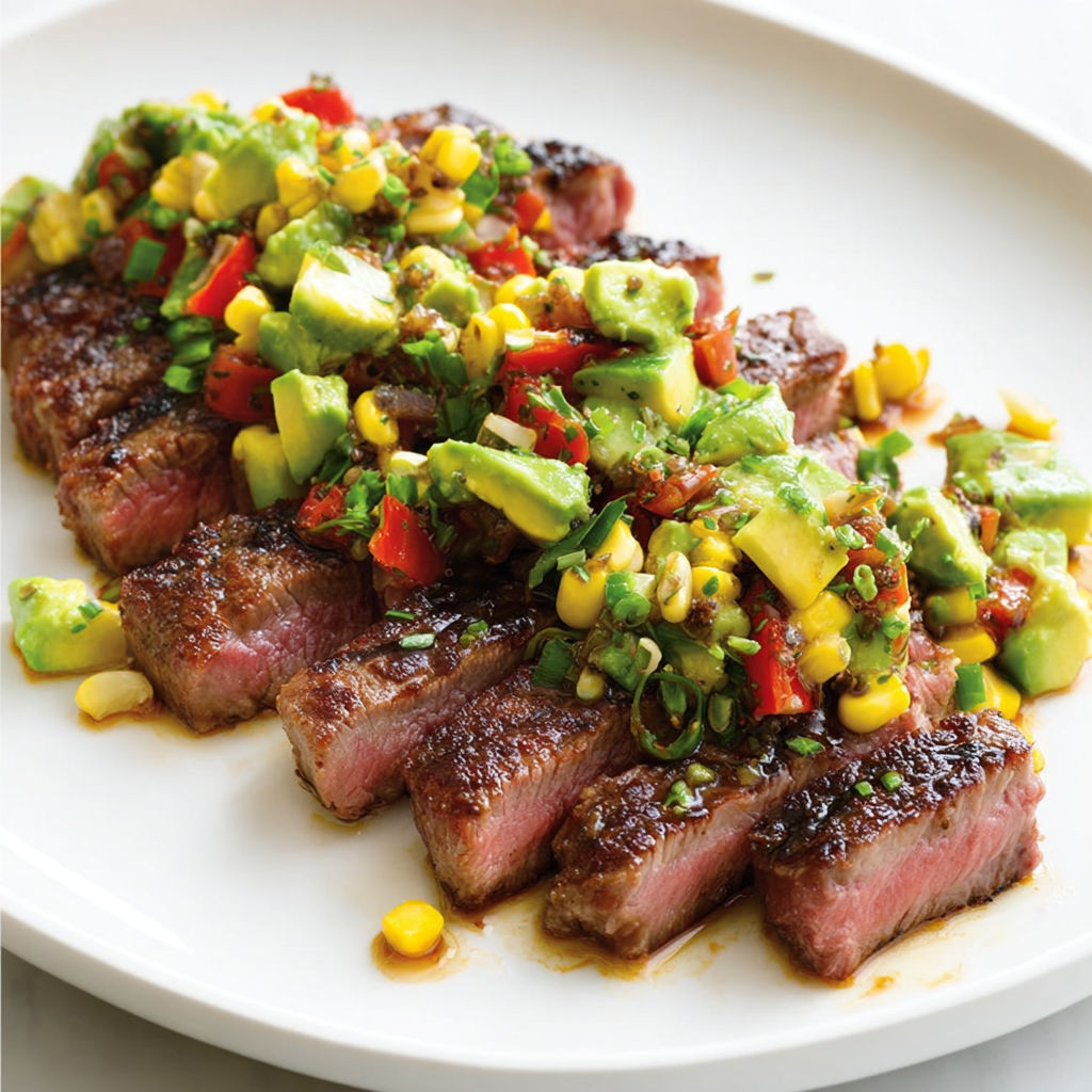 Steak minute et salade d'avocat, une recette savoureuse et délicieuse.