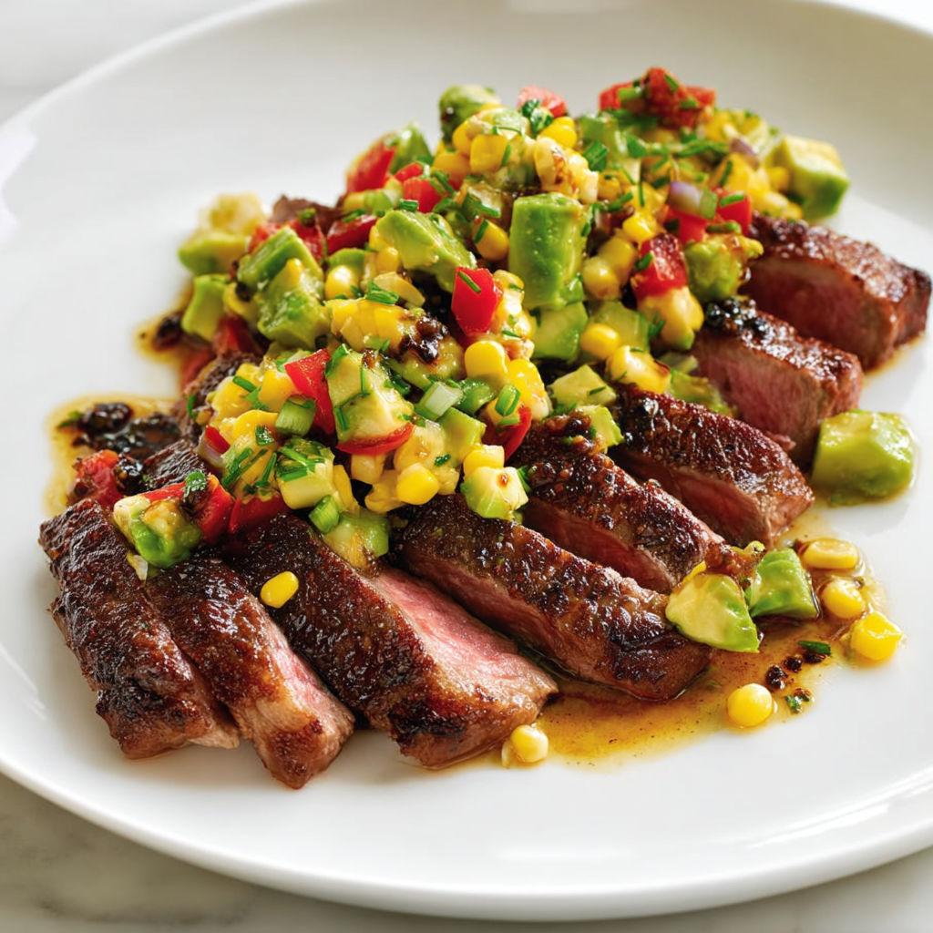 Steak Saisi à la Poêle et Salade Fraîche d’Avocat au Maïs.
