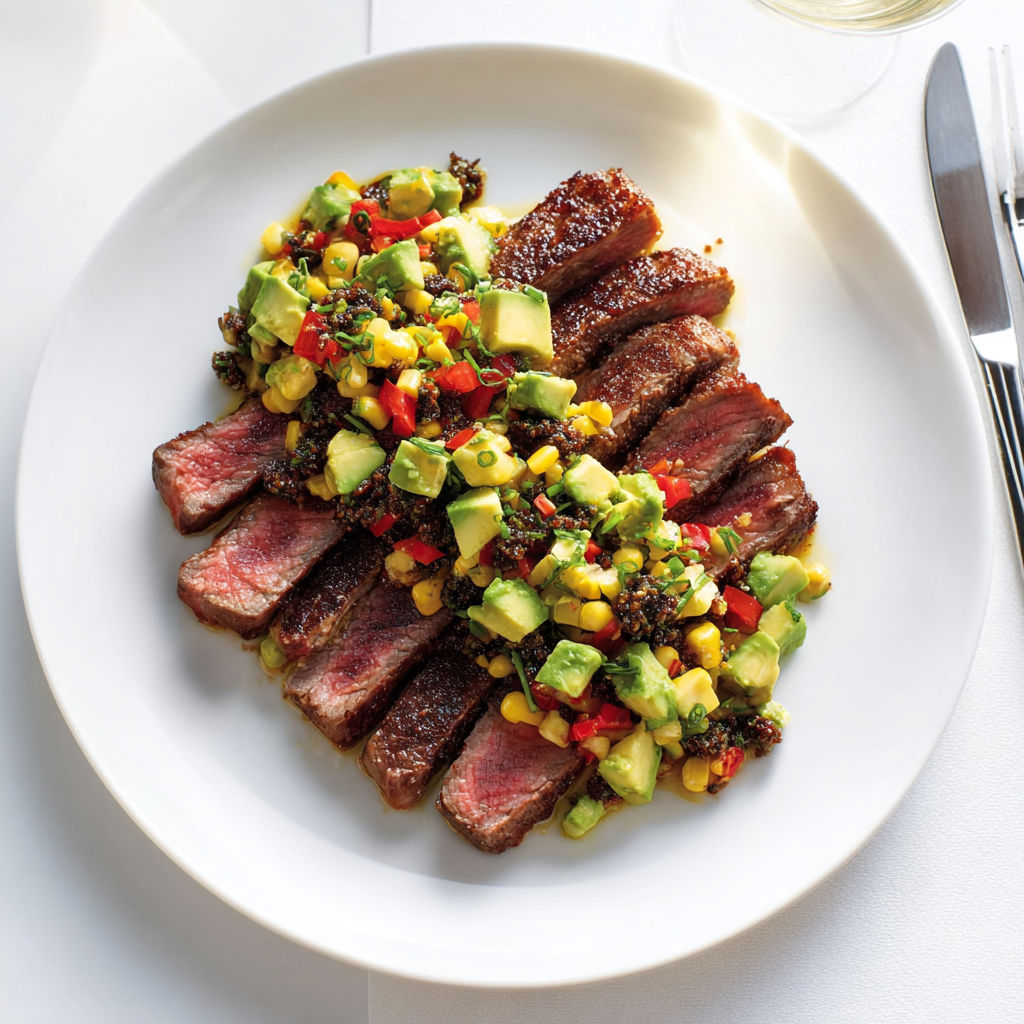 Steak Minute au Bœuf avec Salade Colorée d’Avocat et Maïs Croquant.